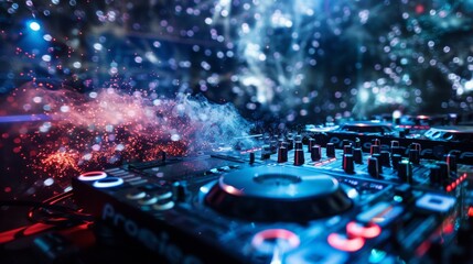 Poster - A close-up shot of a DJ mixer with colorful lights reflecting off the surface.