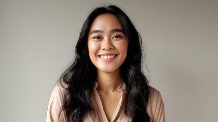 Smiling Indonesian Woman with Long Dark Hair Perfect for Diversity Marketing, Social Media, Print Design, and Cultural Representation