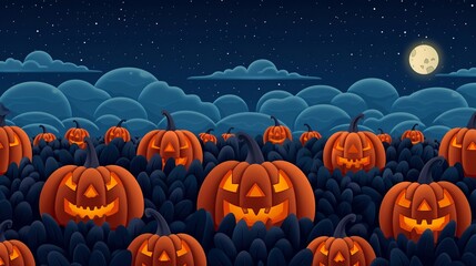 a lonely, eerie october pumpkin patch under a cloudy night sky, with enigmatic carved pumpkins glowi