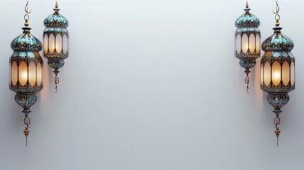 Poster - Plain white background with Islamic lantern ornaments on the top right and left sides. Generative AI.