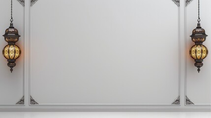 Poster - Plain white background with Islamic lantern ornaments on the top right and left sides. Generative AI.
