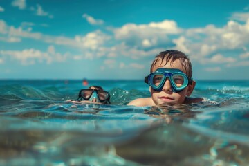 This image captures a person swimming in the ocean with swimming goggles on a sunny day, conveying the joy and leisure of seaside activities and water fun.