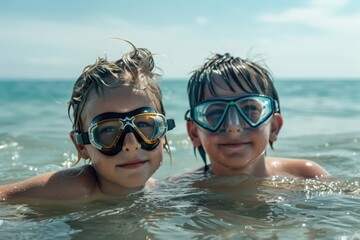 Two kids enjoy a sunny day swimming in the ocean waves, outfitted with protective swim goggles as they engage in a delightful and refreshing aquatic adventure together.