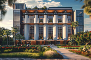 Poster - A contemporary hotel with a glass facade and rooftop gardens crowns the complex, seamlessly integrating its modern design with the surrounding urban skyline. Generative AI.