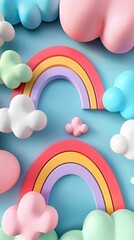 Wall Mural - 3d rainbow with clouds.