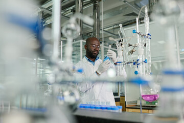 Aufkleber - Young serious male researcher in lab coat looking at tube containing blue liquid substance while standing by workplace in laboratory
