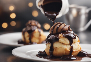 Wall Mural - indulgent profiteroles drizzled with chocolate sauce