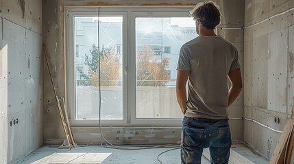 Aufkleber - A professional designer is calibrating some windows in an unfinished house. There are visible signs of construction on the concrete walls around him. Generative AI.