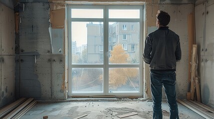 Aufkleber - A professional designer is calibrating some windows in an unfinished house. There are visible signs of construction on the concrete walls around him. Generative AI.