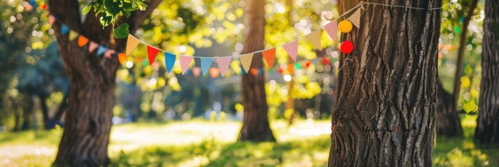 Labor Day banner strung between two trees at an outdoor picnic