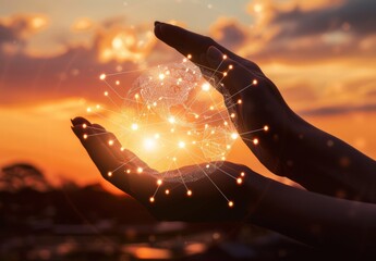 Poster - On a background of nature, a man's hands are holding global networks and data customer connections.