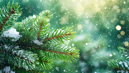 Wall Mural - Beautiful green fir tree branches close up. Christmas and winter concept