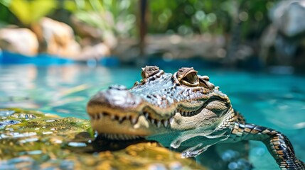 Poster - A small alligator with sharp teeth and a patterned hide rests peacefully in a cool, blue pool, with lush foliage in the background