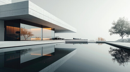Aufkleber - Minimal, striking modern architecture, water reflection.clean lines, geometric composition. Generative AI.