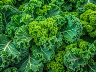 Wall Mural - Freshly harvested vibrant green kale leaves arranged artfully to form a stunning textured background with delicate curly edges and varied shades of emerald.