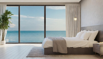 Minimalist bedroom background take view sea -3D render