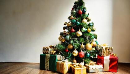 Wall Mural - Big beautiful christmas tree decorated with beautiful shiny baubles and many different presents on wooden floor. White wall background with a lot of copy space