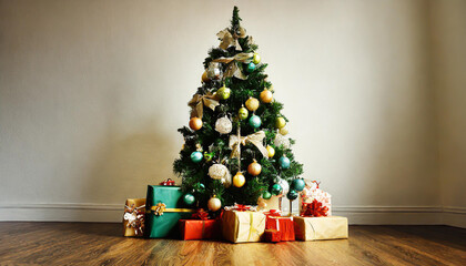 Wall Mural - Big beautiful christmas tree decorated with beautiful shiny baubles and many different presents on wooden floor. White wall background with a lot of copy space