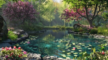 Wall Mural - Tranquil Pond in a Lush Forest.