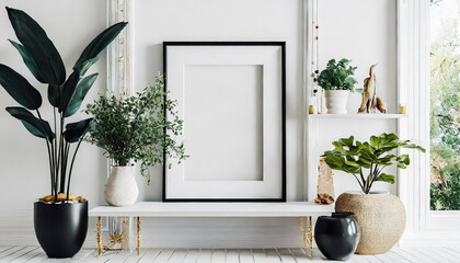 Wall Mural - Black frame leaning on white shelve in bright interior with plants and decorations mockup 3D rendering