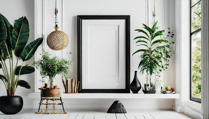 Wall Mural - Black frame leaning on white shelve in bright interior with plants and decorations mockup 3D rendering