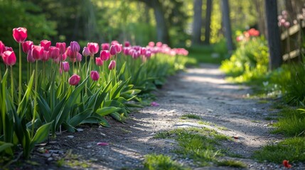 Wall Mural - Pink Tulips Leading to a Pathway in a Green Garden.