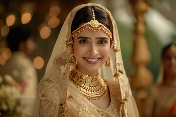 Wall Mural - A young smiling bride wearing traditional Indian bridal costumes and jewellery on her wedding