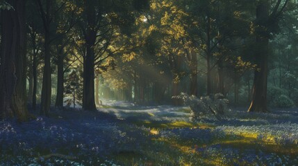 Wall Mural - Sunbeams in a Bluebell Forest.