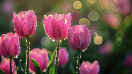 Canvas Print - Pink Tulips with Dew Drops.