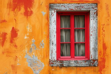 Poster - Red Window on Weathered Orange Wall