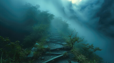 Poster - Exploring a mystical foggy forest at dawn. Bright Light. Generative AI.