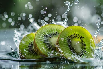 Wall Mural - Sliced Kiwi Fruit Splashing in Water