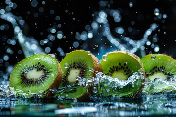 Canvas Print - Sliced kiwi fruits in water splash