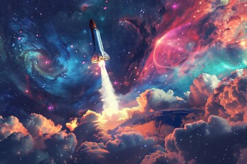 Sticker - Space Shuttle Launching into Vibrant Nebula