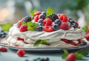 Wall Mural - light and airy pavlova topped with fresh berries and mint leaves