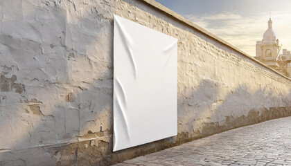 Wall Mural - Creased Clear mockup glued sticker advertising 3d propaganda adhesive textured affiche wall art Blank mock Empty white canvas street rendering poster wheatpaste urban .