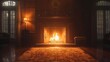 © Tina - A fireplace is lit in a room with a rug and a chair