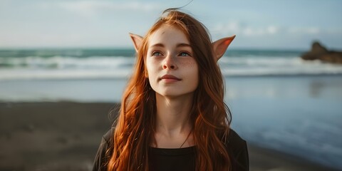 elf-like girl stands on black sand near ocean. concept outdoor photoshoot, fantasy theme, beach sett