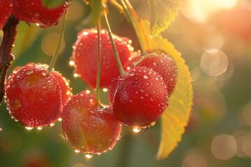 Poster - Ripe Cherries with Morning Dew