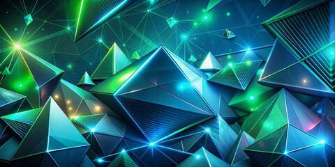 Aufkleber - Vibrant dark blue green teal cyan petrol jade abstract background featuring 3D geometric shapes, triangles, polygons, and wavy lines with neon light glow and metallic sheen.