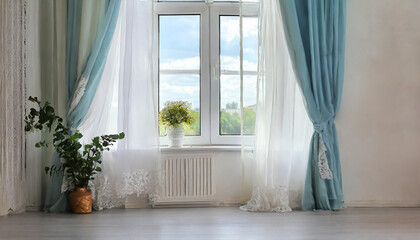 Bright interior, window with curtains, white window sill, room, home