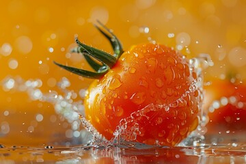 Canvas Print - Orange Cherry Tomato Splashing in Water