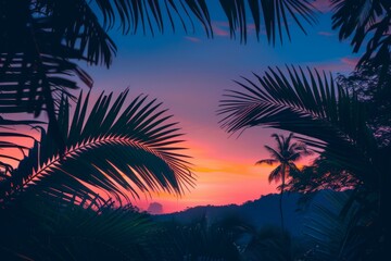 Canvas Print - Tropical Sunset Through Palm Leaves