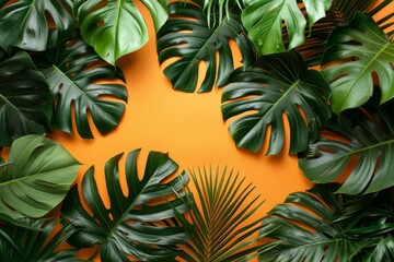 Poster - Tropical Green Leaves on Orange Background