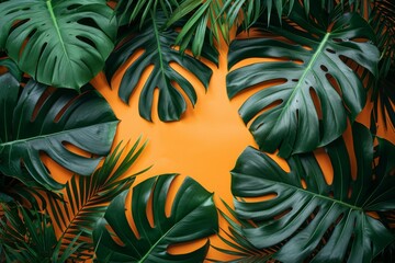 Wall Mural - Tropical Monstera Leaves on Orange Background