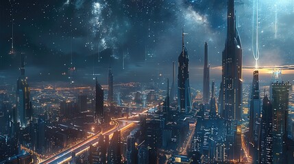 Poster - A futuristic cityscape with sleek skyscrapers and bustling traffic under a starry night sky. Generative AI.