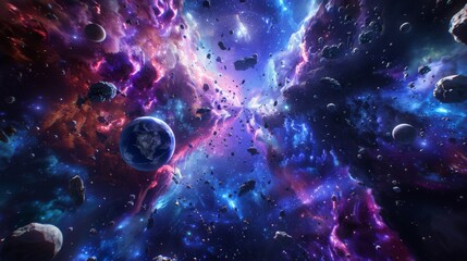 Fototapete - A blue planet floats in space, surrounded by a vibrant nebula and a field of asteroids.