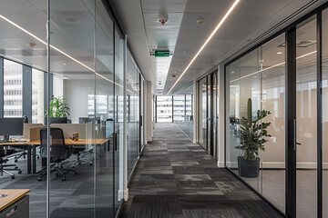 a modern office corridor with glass walls and workstations, reflecting a contemporary and collaborat