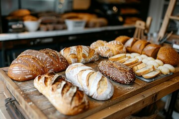 Poster - Assortment of Fresh Artisan Bread in a Bakery