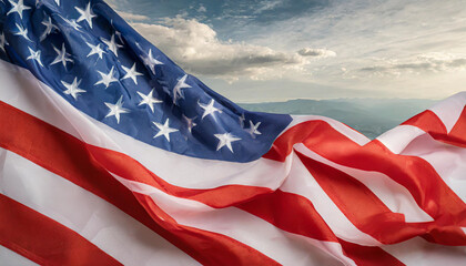 Close up of ruffled American flag. Satin texture curved flag of USA. Memorial Day or 4th of July. Banner, freedom concept